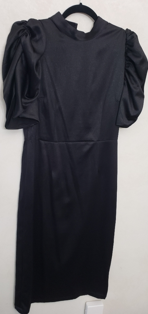 NWOT H and M black sparkly midi dress with elegant puff sleeves